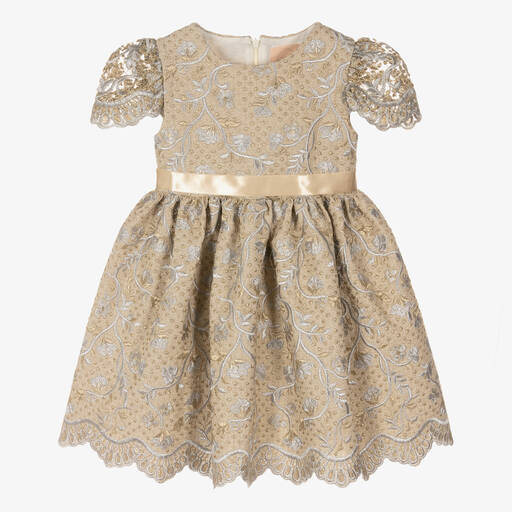 Irpa-Girls Gold Brocade Dress | Childrensalon Outlet