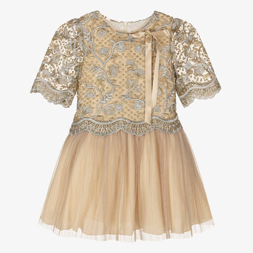 Irpa-Girls Gold Brocade & Tulle Dress | Childrensalon Outlet