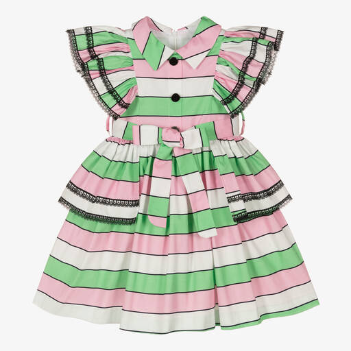 Irpa-Girls Green & Pink Striped Dress | Childrensalon Outlet