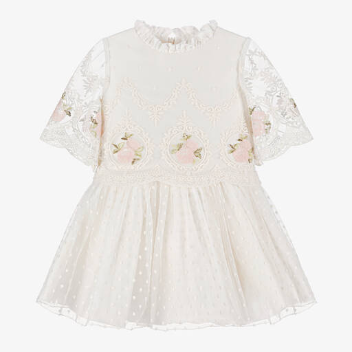 Irpa-Girls Ivory Embroidered Tulle Dress | Childrensalon Outlet