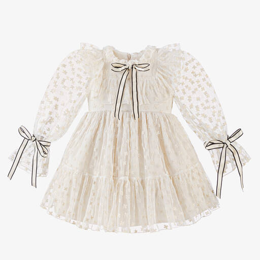 Irpa-Girls Ivory Floral Tulle Dress | Childrensalon Outlet