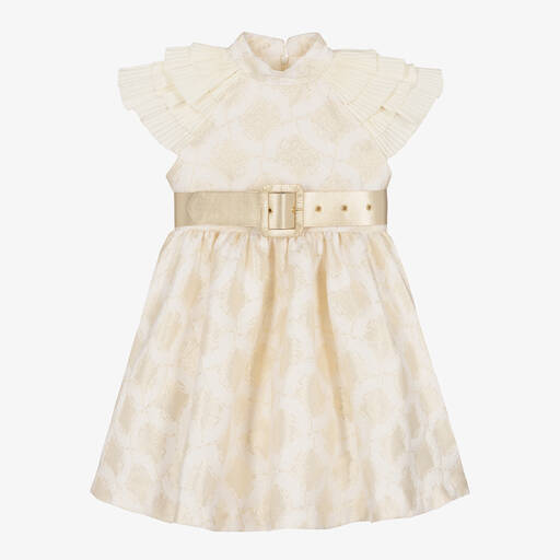 Irpa-Girls Ivory & Gold Jacquard Dress | Childrensalon Outlet