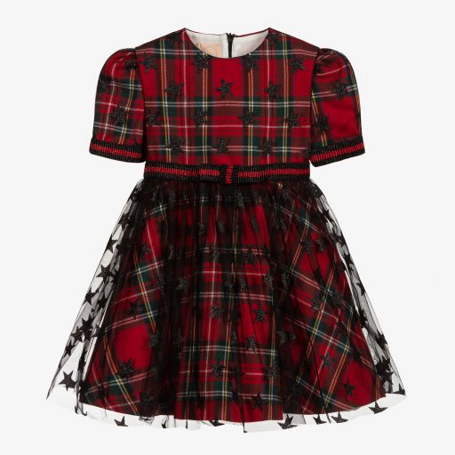 Irpa-Красное платье в шотландскую клетку с тюлем | Childrensalon Outlet