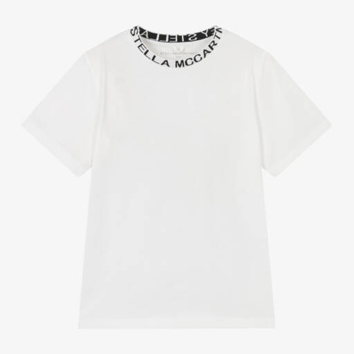 Stella McCartney Kids-Ivory Organic Cotton T-Shirt With Logo Collar | Childrensalon Outlet
