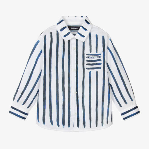 JACQUEMUS-Boys White & Blue Stripe Cotton Shirt | Childrensalon Outlet