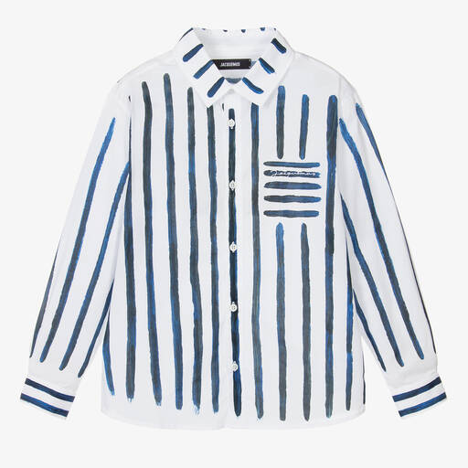 JACQUEMUS-Белая рубашка из хлопка в синюю полоску для мальчиков-подростков | Childrensalon Outlet
