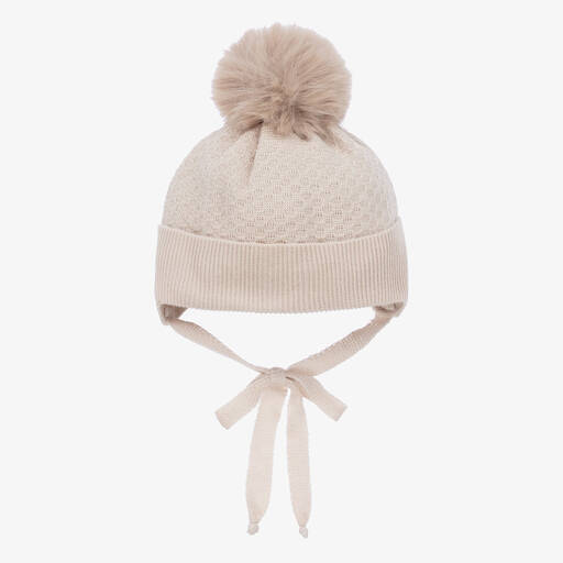 Jamiks-Beige Cotton & Bamboo Pom-Pom Baby Hat | Childrensalon Outlet