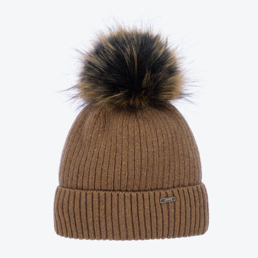 Jamiks-Brown Ribbed Wool Pom-Pom Hat | Childrensalon Outlet