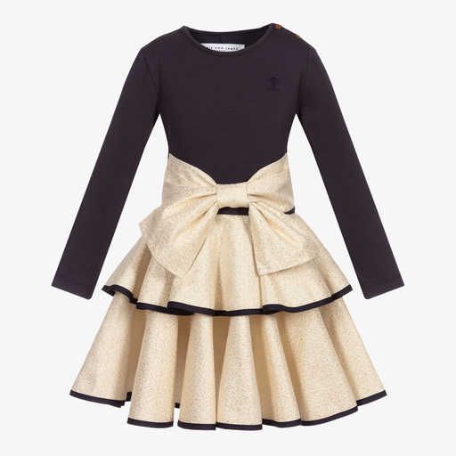 Jessie and James London-Blue & Gold Bow Dress | Childrensalon Outlet