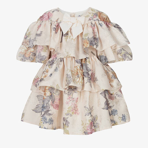 Jessie and James London-Girls Beige Floral Viscose Ruffle Dress | Childrensalon Outlet