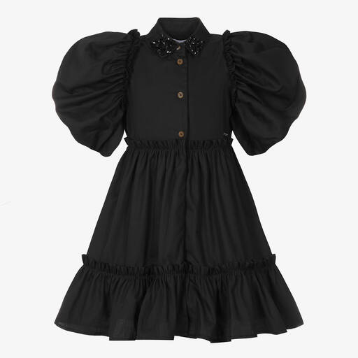 Jessie and James London-فستان بأكمام منفوشة قطن بوبلين لون أسود  | Childrensalon Outlet