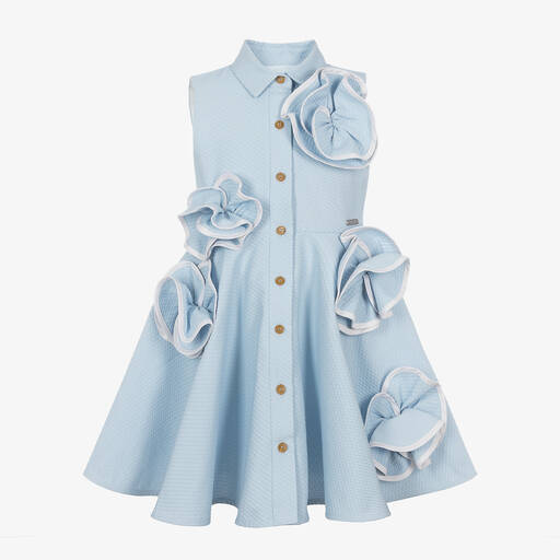 Jessie and James London-Girls Blue 3D Flower Cotton Dress | Childrensalon Outlet