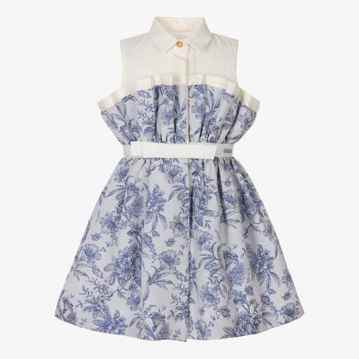 Jessie and James London-Girls Blue Flower Jacquard Cotton Dress | Childrensalon Outlet