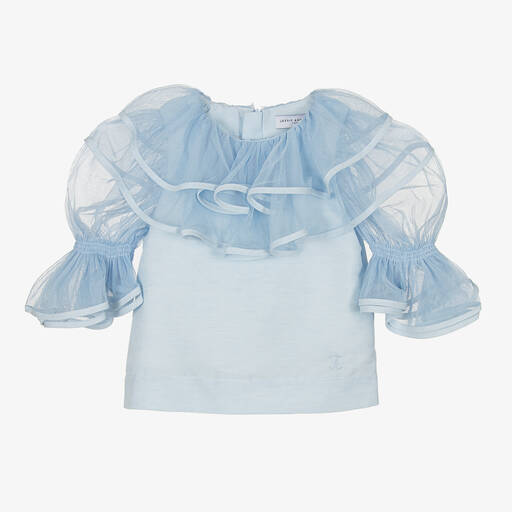 Jessie and James London-Girls Blue Linen & Tulle Ruffle Blouse | Childrensalon Outlet