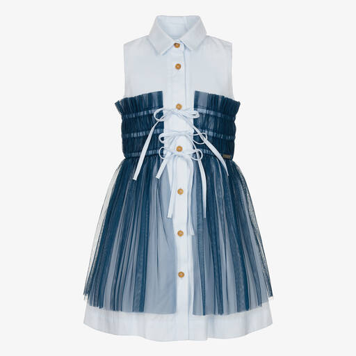 Jessie and James London-Girls Blue Ruched & Tie-Waisted Dress | Childrensalon Outlet