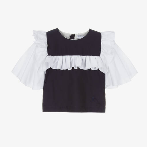 Jessie and James London-Girls Blue & White Cotton Ruffle Blouse | Childrensalon Outlet