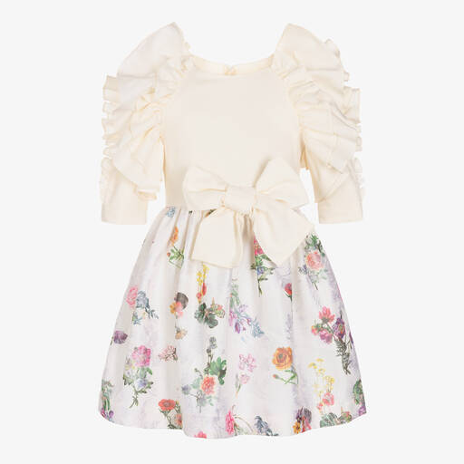 Jessie and James London-فستان بروكيد مزيج قطن لون عاجي بطبعة ورود | Childrensalon Outlet