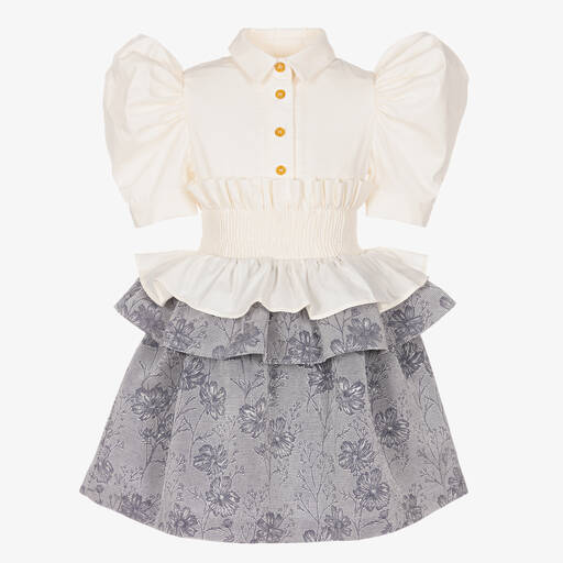 Jessie and James London-فستان قطن تويل لون عاجي ورمادي بطبعة ورود | Childrensalon Outlet