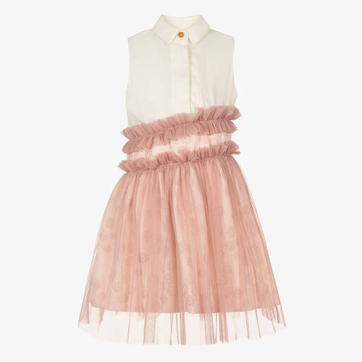 Jessie and James London-Girls Pink Cotton Jacquard & Tulle Dress | Childrensalon Outlet