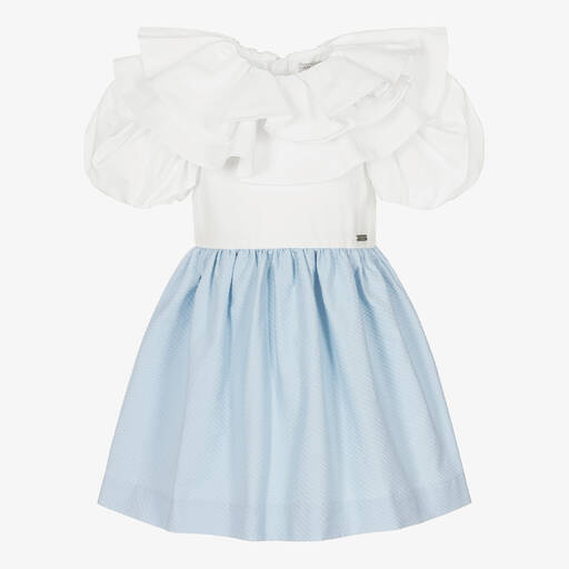 Jessie and James London-Girls White & Blue Puffed Sleeve Dress | Childrensalon Outlet