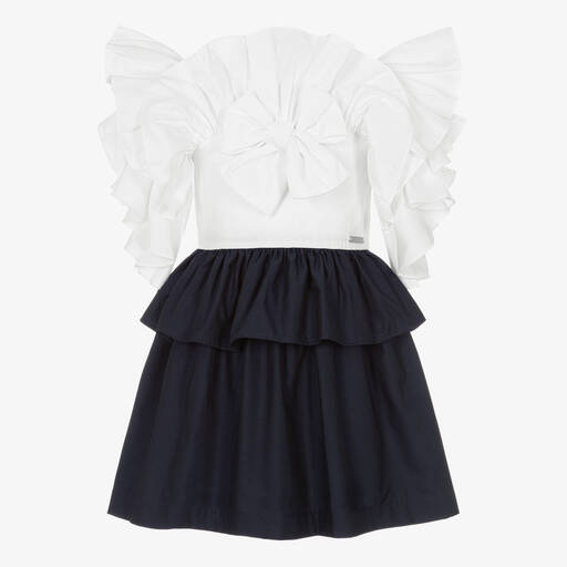 Jessie and James London-Girls White & Blue Ruffle Dress | Childrensalon Outlet