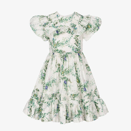 Jessie and James London-Ivory & Green Forest Flowers Cotton Dress | Childrensalon Outlet