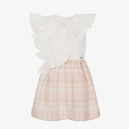 جيسي آند جيمس لندن-فستان مزيج قطن مزين بكشكش لون أبيض وزهري | Childrensalon Outlet