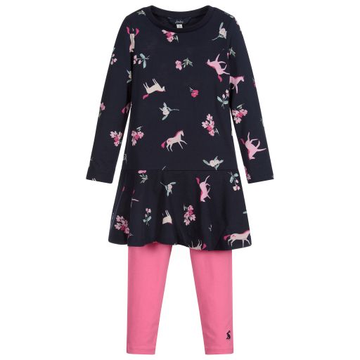 Joules-طقم فستان وليغنغز قطن جيرسي لون كحلي وزهري | Childrensalon Outlet