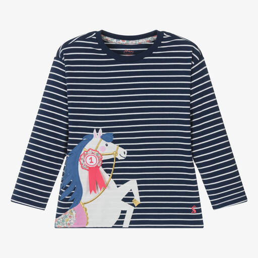 Joules-Girls Blue Striped Cotton Horse Top | Childrensalon Outlet