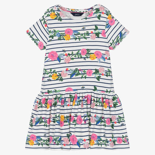 Joules-Girls White Cotton Striped Floral Dress | Childrensalon Outlet
