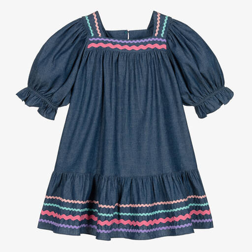 Joyday-Girls Blue Chambray Ric Rac Dress | Childrensalon Outlet