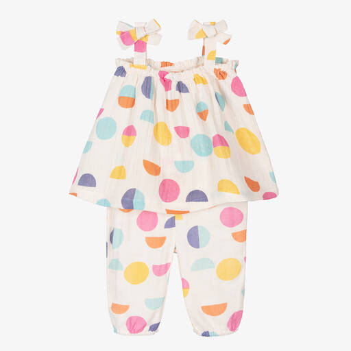 Joyday-Girls Ivory & Pink Cheesecloth Circles Trouser Set | Childrensalon Outlet