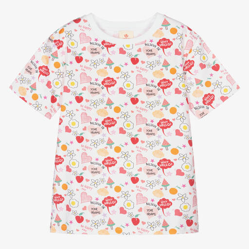 Joyday-Girls White Cotton Doodle T-Shirt | Childrensalon Outlet