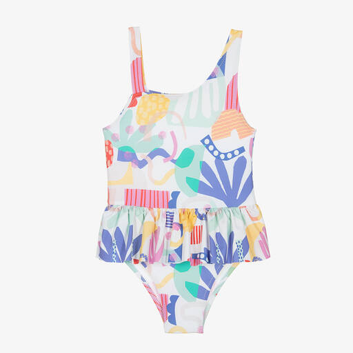 Joyday-Girls White & Pink Frill Swimsuit (UPF 50+) | Childrensalon Outlet