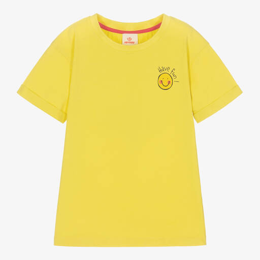 Joyday-T-shirt jaune en coton happy face | Childrensalon Outlet