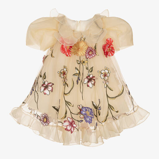 Junona-Baby Girls Beige Floral Tulle Dress | Childrensalon Outlet