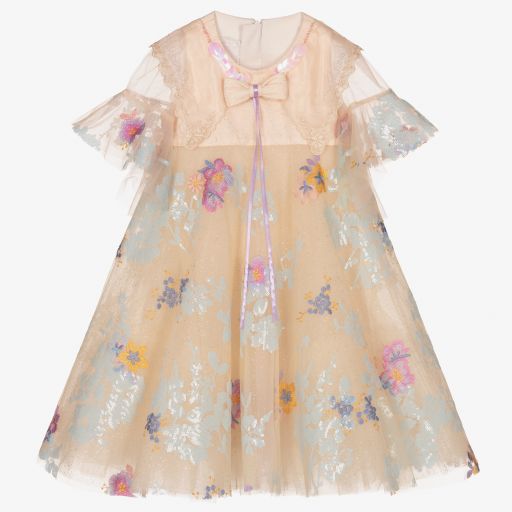 Junona-Beige Tulle Embroidered Dress | Childrensalon Outlet