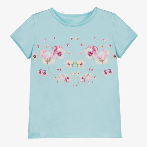 Junona-Голубая хлопковая футболка с цветочным рисунком | Childrensalon Outlet