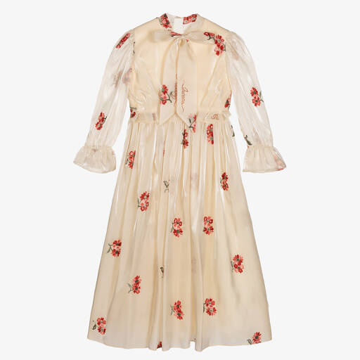 Junona-Girls Beige Embroidered Organza Maxi Dress | Childrensalon Outlet