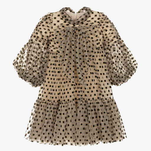 Junona-Girls Beige Geometric Tulle Dress | Childrensalon Outlet