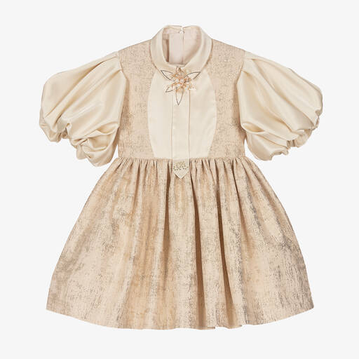 Junona-Girls Beige & Gold Jacquard Puff Sleeve Dress | Childrensalon Outlet