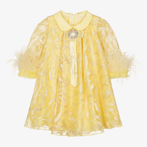 Junona-Girls Embroidered Yellow Feather Dress | Childrensalon Outlet