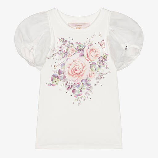 Junona-Girls Ivory Puff Sleeved T-Shirt | Childrensalon Outlet