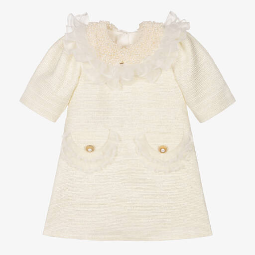 Junona-Кремовое платье из твида с расшитым жемчугом воротником | Childrensalon Outlet