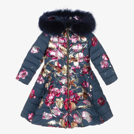 Junona-Girls Navy Blue Floral Down Puffer Coat | Childrensalon Outlet