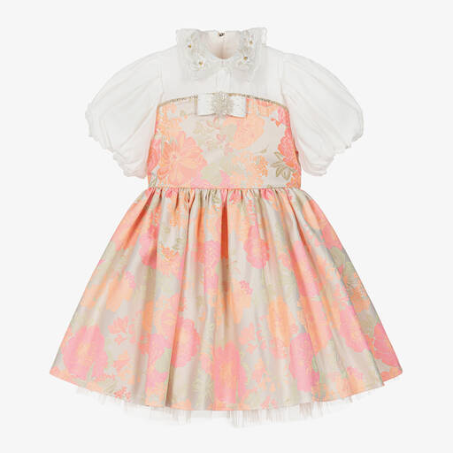 Junona-Girls Pink Floral Jacquard Dress | Childrensalon Outlet