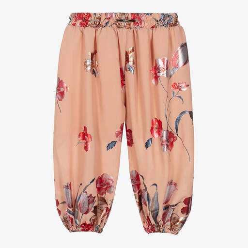 Junona-Girls Pink & Red Floral Chiffon Trousers | Childrensalon Outlet