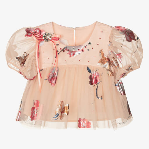 Junona-Розовая блузка из тюля с красными цветами | Childrensalon Outlet