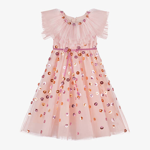 Junona-Girls Pink Sequin Flower Tulle Dress | Childrensalon Outlet