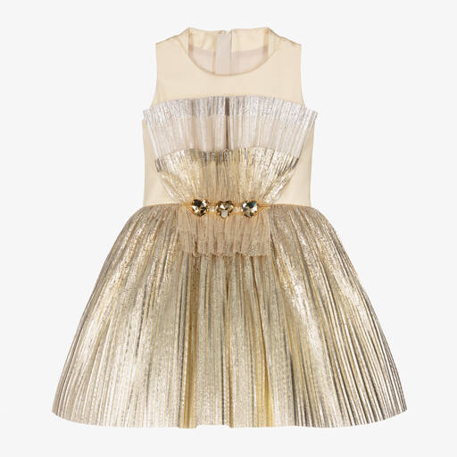 Junona-Girls Pleated Gold Satin Dress | Childrensalon Outlet